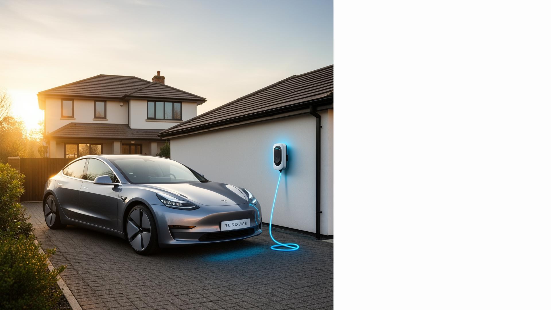 Electric car charging on a UK home driveway with a wall-mounted EV charger